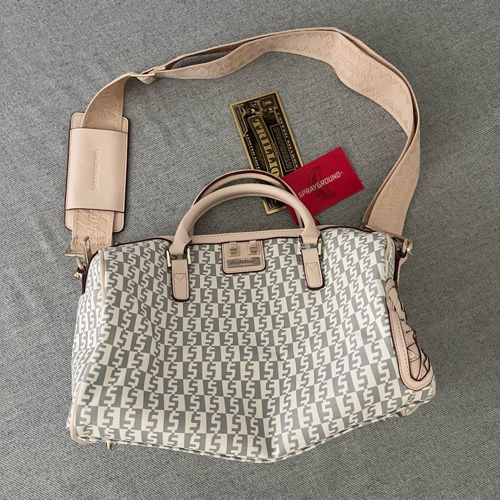 NEW Sprayground Duffle Travel Monogram Bowling Bag White Gold Gray Beige Purse